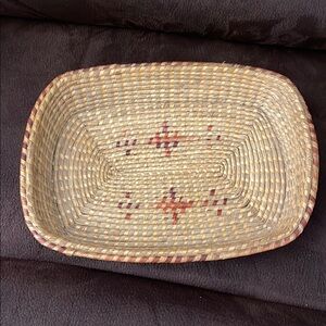 Vintage Handwoven Natural Basket with Red Accents